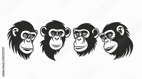 A black and white illustration shows four chimpanzee faces in a row on a white background