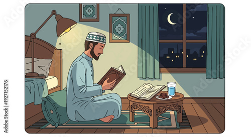 A serene night scene of a devoted man peacefully reading a sacred book, illuminated by a warm lamp, fostering a sense of spiritual reflection and calm