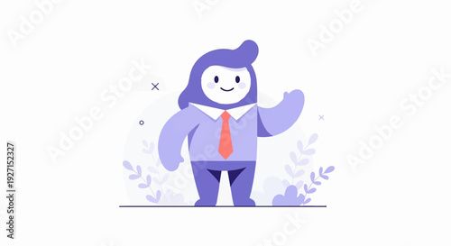 Friendly cartoon character in business attire waving with a smile