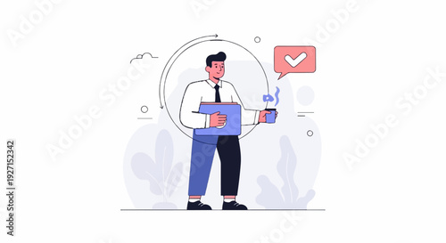 Confident businessman holding documents and coffee with a checkmark icon
