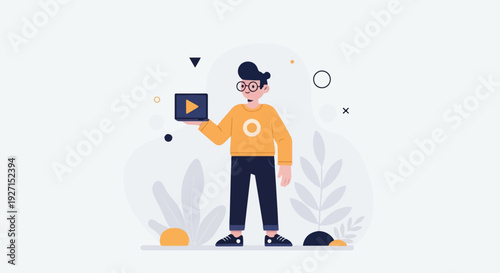 Cartoon figure holding a tablet with a play button, surrounded by abstract shapes and plants