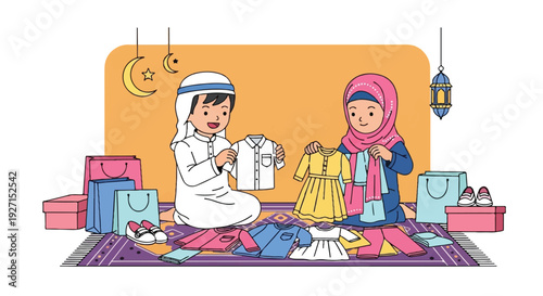 Joyful Muslim Children Unpack and Organize New Festive Clothes After Exciting Holiday Shopping Spree