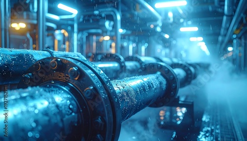 Industrial Pipe System: A striking view of a complex network of industrial pipes, encased in a cool blue hue. Steam billows around them, creating a scene of power and mechanical function.