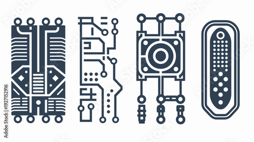 Four dark blue electronic circuit board illustrations in a minimalist, modern, and stylized graphical style