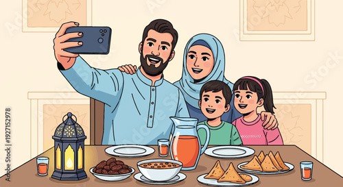 A Muslim family taking a selfie during Iftar with traditional food and decorations