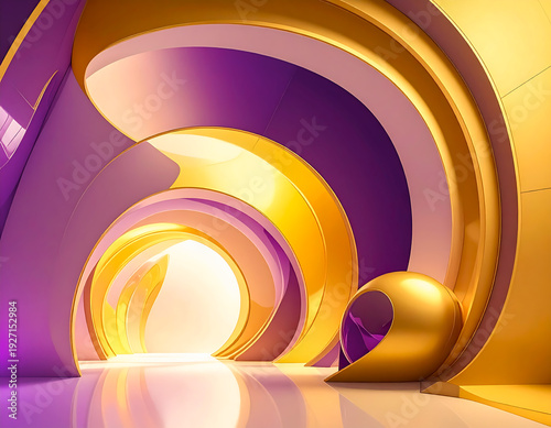 A glossy abstract 3D interior features flowing curved forms in purple, pink, and gold, creating a futuristic tunnel-like space with bright light at the center.