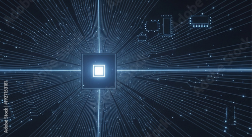 Central processing unit glowing brightly on a complex circuit board.