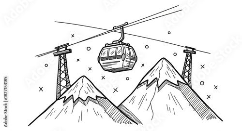 Cable car over mountains hand drawn sketch illustration.