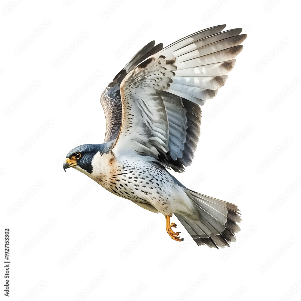 Fototapeta premium Peregrine falcon soars through the air with outstretched wings on clear white background