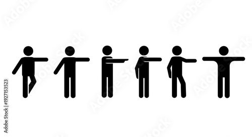 Sequence of Stick Figures Pointing and Directing, Various Arm Gestures, Isolated White Background