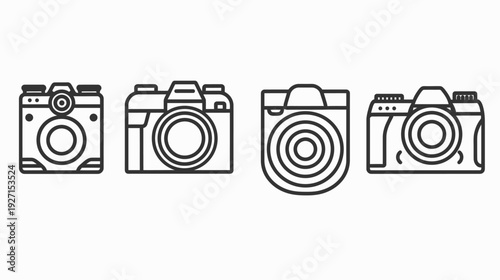 Four black outlined cameras, of different designs, placed on a white background