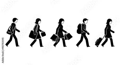 Diverse group of stick figures walking and carrying various bags, including a backpack, shopping bags, and luggage, on an isolated white background, depicting travel and daily commute.