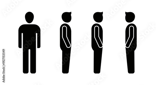 Row of stick figures showing turning stages from front to side profile on an isolated white background, representing perspective or transformation.