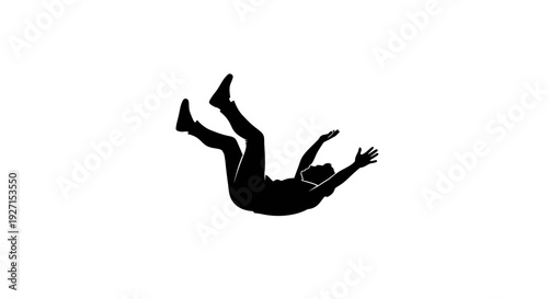 Black stick figure icon of a person falling down through the air on an isolated white background, depicting an accident or downward motion.