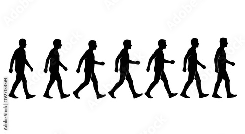 Row of Identical Stick Figure Men Walking in Profile, Continuous Movement, Isolated White Background