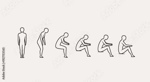 Sequential illustration of a person bending down and squatting, showing movement process, in bright studio.