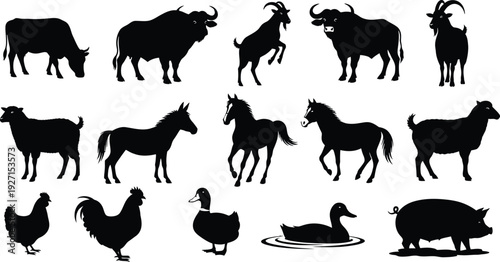 Collection of black silhouettes of various farm and domestic animals