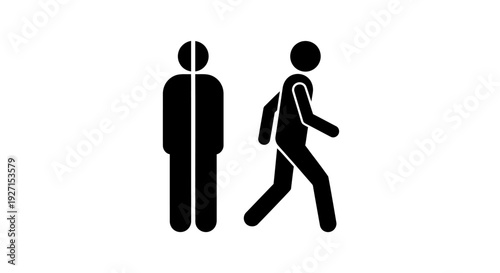 Stick Figure Man Walking Away from Another Person, Separation and Movement, Isolated White Background