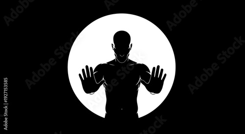 Stick Figure Man Gesturing Stop with Outstretched Hands, Dark Background with White Circle