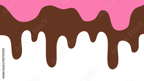 Sweet melting chocolate and pink strawberry icing glaze background. Melted syrup or dripping liquid sauce. Minimalist sweet chocolate and strawberry pink background. Minimalist wavy background.