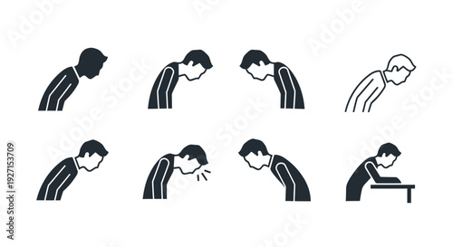 Man bowing, bending over, and coughing, depicting various states of respect, fatigue, or sickness on an isolated white background.