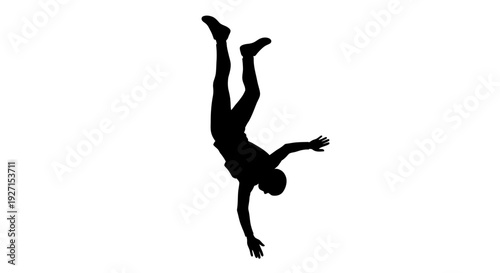 Acrobatic man performing a dynamic handstand in silhouette on an isolated white background, showcasing balance and strength.
