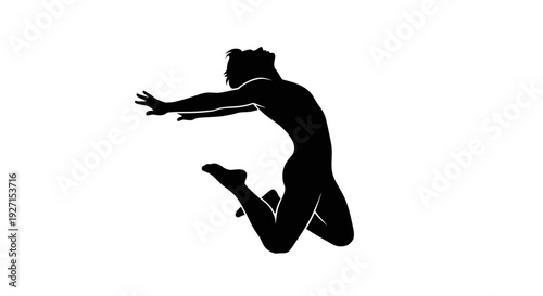Energetic silhouette of a person jumping with arms open, expressing freedom and joy, isolated white background.