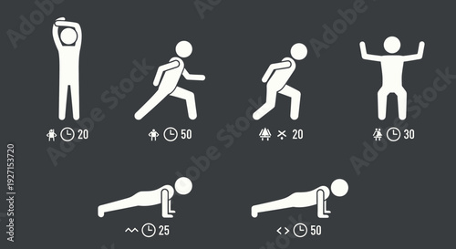 Man performing various fitness exercises on a dark studio background, including standing, walking, running, plank, and crunch poses.