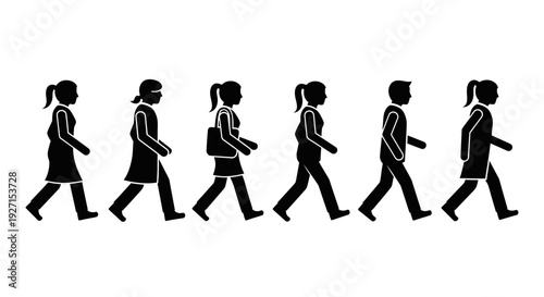 Diverse group of people walking in line, various individuals, black silhouettes, isolated white background.