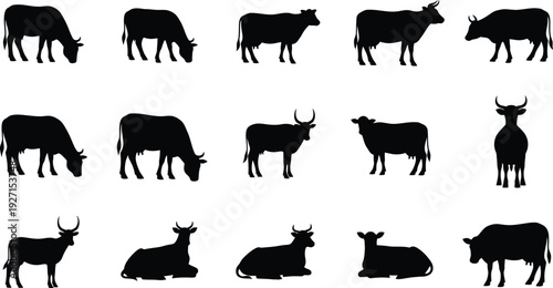 Collection of black silhouettes of cows and bulls in various poses