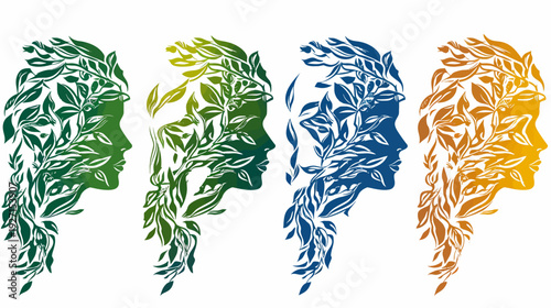 Silhouettes of four faces with leafy hair, in a variety of green, blue and gold hues
