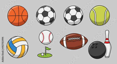 Collection of Popular Sports Balls and Equipment on Gray Background