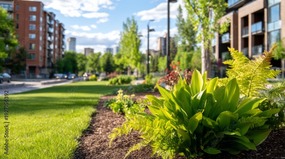 Fototapeta premium Vibrant City Park Transformation in Vacant Lot with Lush Greenery and Sunshine