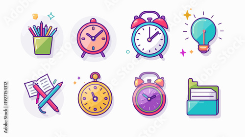 Collection of various colorful cartoon school or office-related icons, including timepieces and stationary