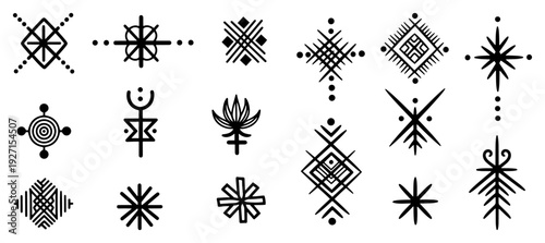 Collection of minimalist geometric folk symbols and tribal icons in black and white silhouette