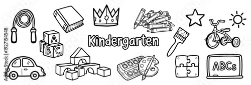 Kindergarten school supplies and educational toys icons set in hand drawn doodle style