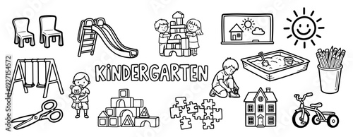 Hand drawn kindergarten doodle set with playground equipment and kids playing together