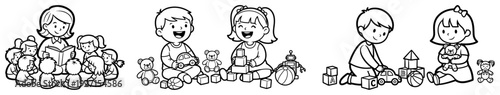Set of preschool children playing with toys and listening to stories in line art style