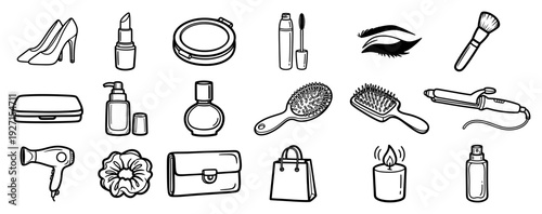 Big set of womens beauty products and grooming essentials in hand drawn doodle style