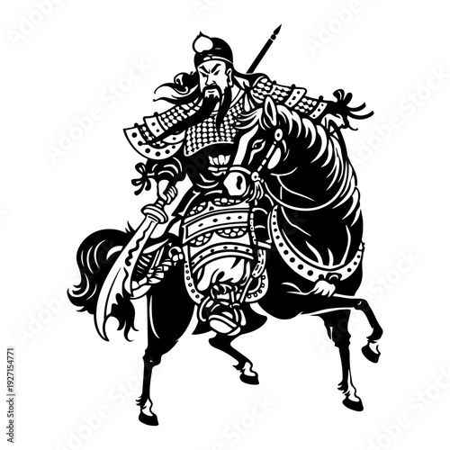Traditional Chinese warrior on a horse holding a guandao blade in a detailed ink illustration style