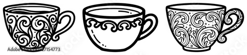 Set of three decorative teacups with ornate floral and swirl patterns in line art