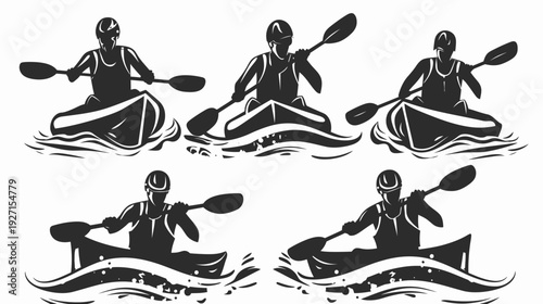 Black and white illustration of people in kayaks, navigating waves with paddles