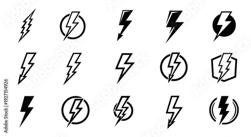 Collection of Lightning Bolt Icons and Symbols for Energy, Power, and Electricity Concepts