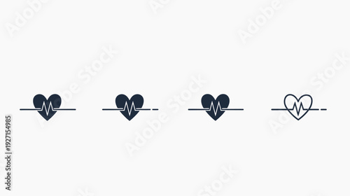 Four black heart symbols with a line graph of a heartbeat, on a white background