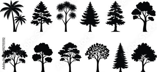 Collection of diverse tree silhouettes