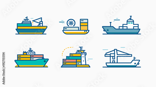 Colorful vector illustrations of various cargo ships and vessels on a clean white background