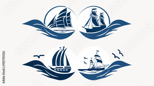 Four stylized sailboat designs, each within a circle and atop stylized waves; birds also present