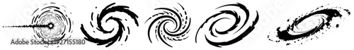 Set of five spiral vortex galaxy and whirlpool silhouettes in black and white vector style
