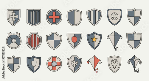 Collection of Medieval Shields and Kites Vector Icons, Heraldic Emblems and Symbols