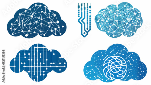 Four cloud graphics with intricate designs, evoking networks and circuit boards, in shades of blue